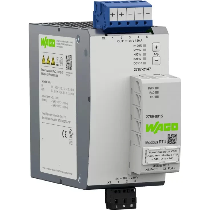 WAGO Pro2 Netzgerät 1-phasig DC 24 V 20 A, Hutschienen-Netzteil mit TopBoost, PowerBoost und Kommunikationsschnittstelle