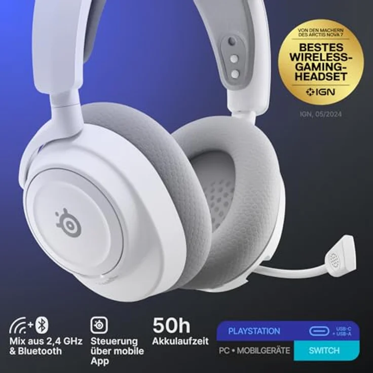 SteelSeries Arctis Nova 7P Wireless Gen 2, PlayStation Gaming-Headset mit 50+ Std. Akkulaufzeit, 2,4 GHz/Bluetooth, Echtzeit-App-Steuerung, PC, PS5, PS4, Switch, Mobilgeräte – Bild 2