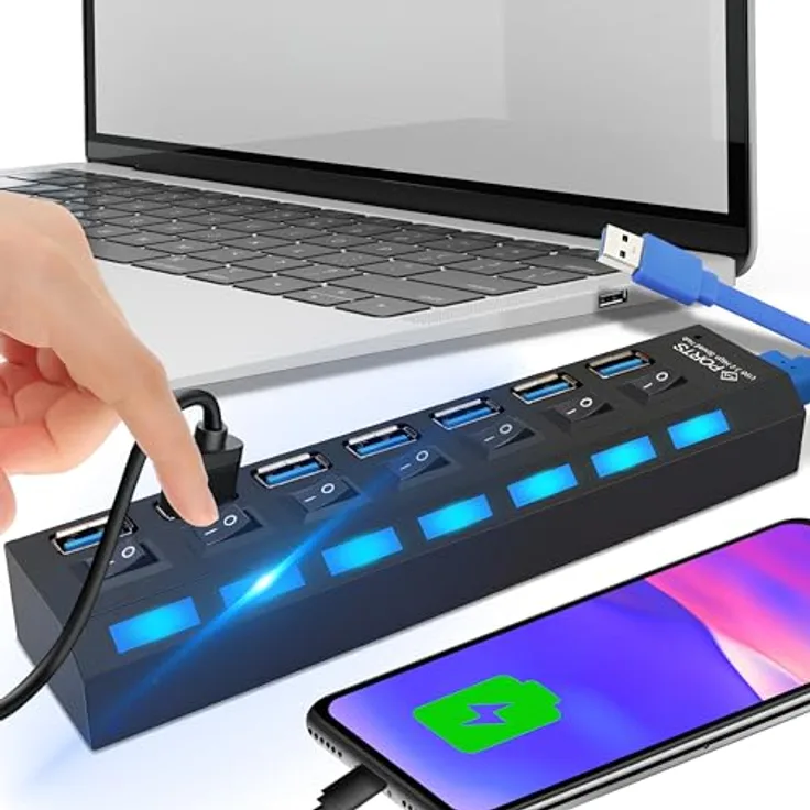 Retoo USB Hub 3.0 7 Port USB Verteiler 5gb/s, Datenhub mit Separater Schalter, Netzteil Port mit Einzelnen LED-Netzschaltern, Kompatibel für Laptop, PC und weitere USB Geräte - Preisvergleich