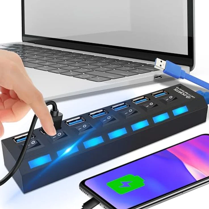 Retoo USB Hub 3.0 7 Port USB Verteiler 5gb/s, Datenhub mit Separater Schalter, Netzteil Port mit Einzelnen LED-Netzschaltern, Kompatibel für Laptop, PC und weitere USB Geräte - Preisvergleich – Bild 1