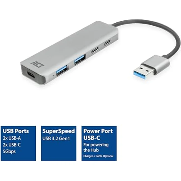 ACT AC6125, 4-Port USB Hub 3.0 mit 2X USB-A und 2X USB-C, Premium Aluminium Gehäuse, schnelle Datenübertragung bis 5Gbps – Bild 2