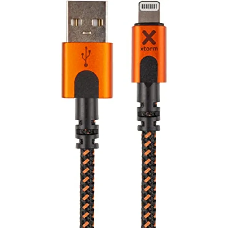 Xtorm Xtreme USB to Lightning cable (1,5m), biegesicher & robust (33% Aluminium, 54% Nylongeflecht), inkl. Kabelbinder, 13% DuPont™ Kevlar® Faser, XFLEX-Technologie, Schwarz/Orange
