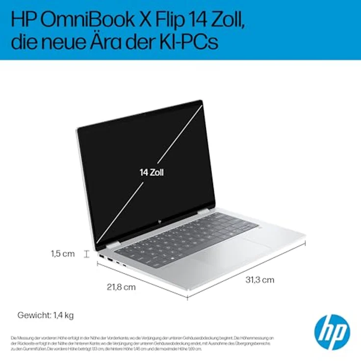 HP OmniBook X Flip 14, 2in1 AI Laptop mit Intel Core Ultra 5-226V, 14" WUXGA Touchscreen, 16GB RAM, 512GB SSD, dedizierte NPU für KI, Win11, QWERTZ, Silber – Bild 3