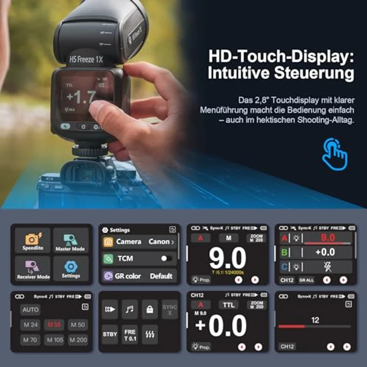 Rollei HS Freeze 1X, Aufsteckblitz mit 100W Leistung, Leitzahl 60, HD-Touchdisplay, 480 Auslösungen pro Ladung, kompatibel mit Canon, Nikon, Fuji, Panasonic und Olympus – Bild 5