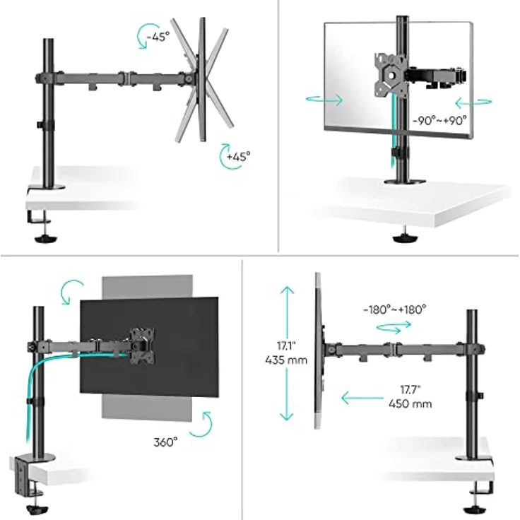 ONKRON Einearm Monitor Halterung, Full Motion für 13-34 Zoll Bildschirme, Display, neigbar, drehbar bis 8 kg, Tischhalterung, VESA 75x75/100x100 Schwarz – Bild 5