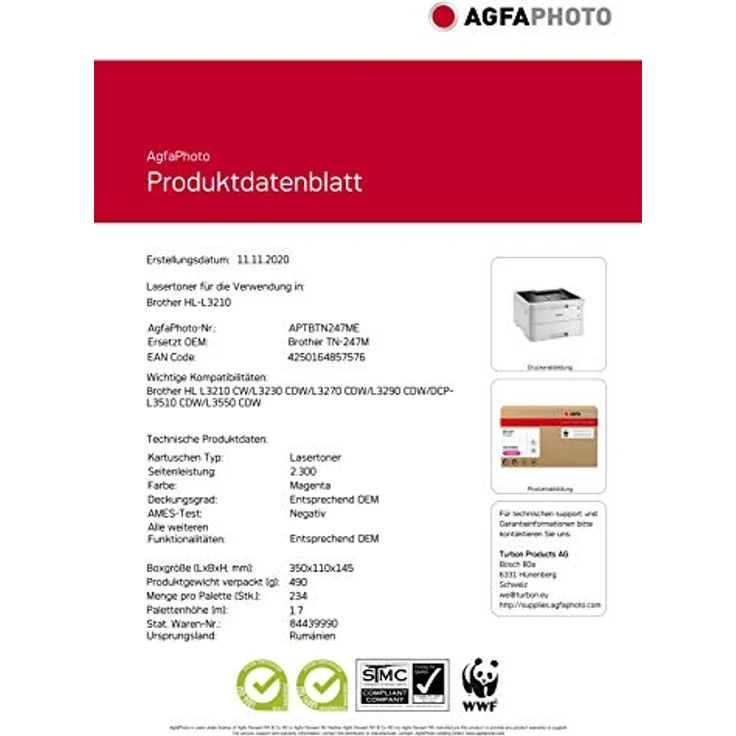 AgfaPhoto Laser Toner TN-247M, 2300 Seiten, Magenta-rot, für Brother HL-L3210, wiederaufbereitet – Bild 3