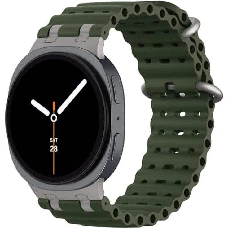 MoKo Ocean Armband für Samsung Galaxy Watch 8 und 8 Classic, atmungsaktives Silikon mit Metallverbindern, Titan/Armeegrün, für Herren und Damen