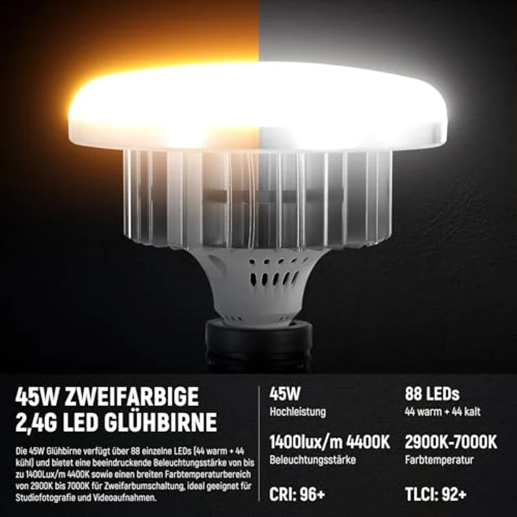 NEEWER NK103 24"x24" Softbox Beleuchtungsset, 2er Pack mit 45W zweifarbigen LED Glühbirnen, 2900K-7000K, 1400Lux/m, CRI95, 20m Fernbedienung und höhenverstellbaren Stativen – Bild 2