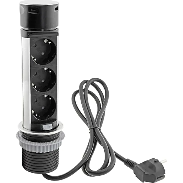 ChiliTec Versenkbare Einbausteckdose 3x Steckdose USB-A USB-C Edelstahl Rund Ladegerät Steckdosen für Schreibtisch Arbeitsplatte 230V mit 150cm Kabel Mehrfachsteckdose für Büro Küche Werkstatt Schwarz