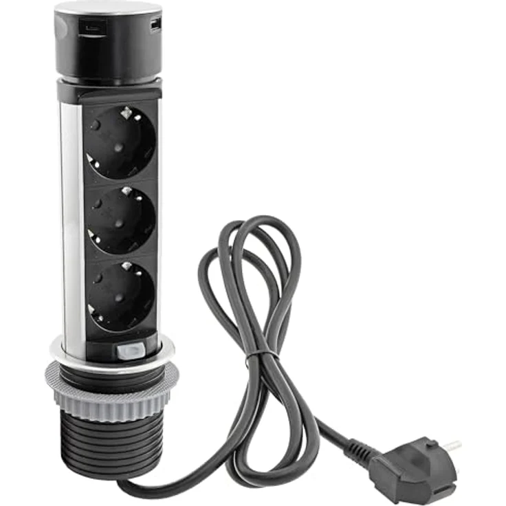 ChiliTec Versenkbare Einbausteckdose 3x Steckdose USB-A USB-C Edelstahl Rund Ladegerät Steckdosen für Schreibtisch Arbeitsplatte 230V mit 150cm Kabel Mehrfachsteckdose für Büro Küche Werkstatt Schwarz – Bild 1