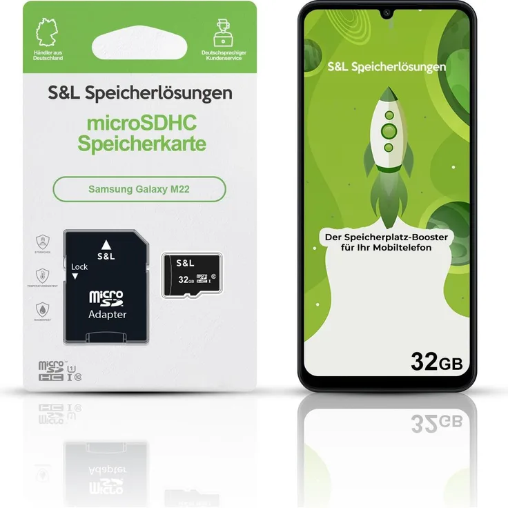 S&L microSD Speicherkarte für Samsung Galaxy M22, 32 GB, Class 10 U1, stoßsicher und wasserdicht