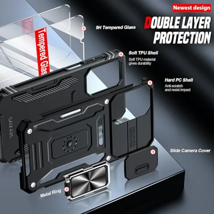 LeYi Handyhülle für Samsung Galaxy A26 5G, Militär Standard Hülle mit 2 Glasfolien, Kameraschutz und Metall Ring Halter, Outdoor kratzfest, Schwarz – Bild 2