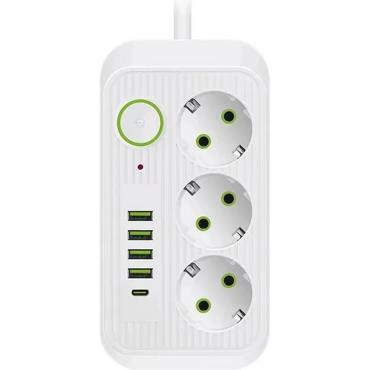 MEGAGOODS Steckdosenleiste 2/5-fach, Einbau-Tischsteckdose mit 3 EU-Steckplätzen, 4 USB-A und 1 USB-C Anschluss, Schnellladung, modern in Weiß mit grünen Akzenten