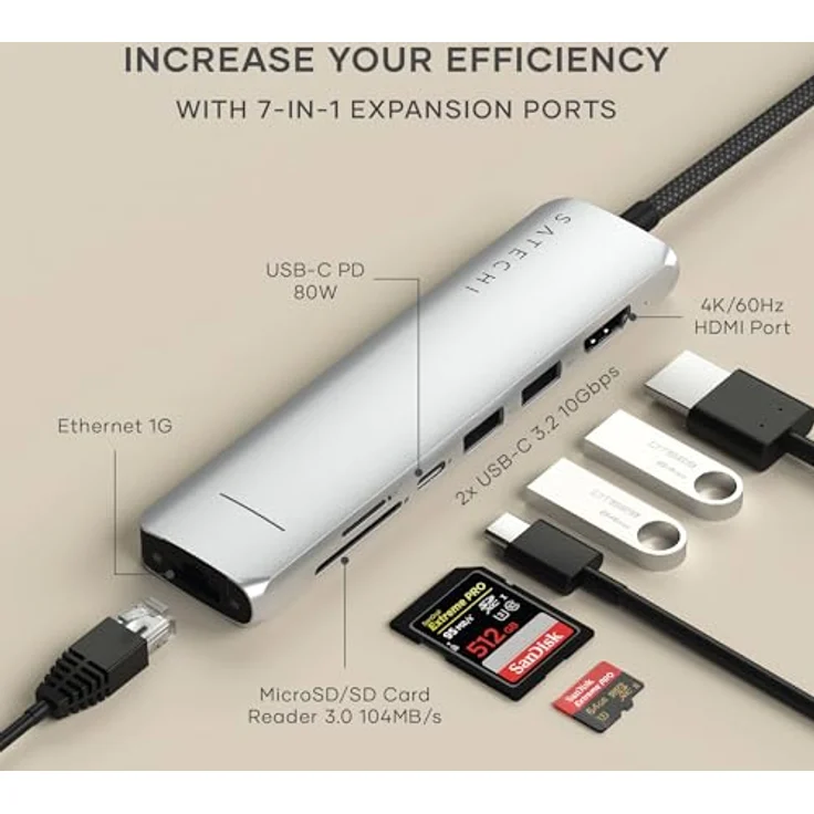 SATECHI 7-in-1 USB-C Hub Slim Plus, Multiport-Adapter, Dock mit 4K HDMI, 100W Power Delivery, 2X USB-A, Ethernet, SD/MicroSD – Silber – Bild 2