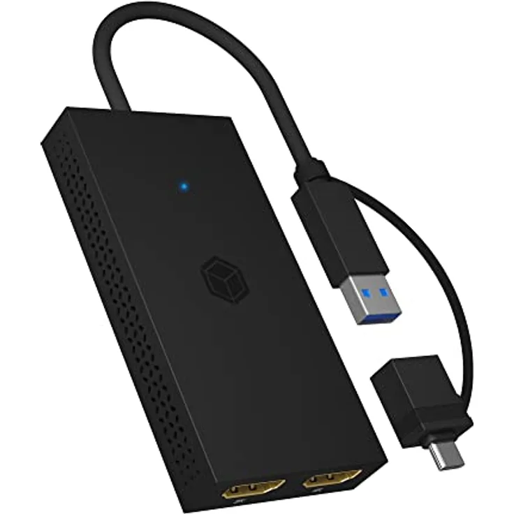 ICY BOX USB zu Dual HDMI Splitter (2K 60Hz / 4K 30Hz), USB-A & USB-C zu 2X HDMI, Unterstützt Windows, MacOS & ChromeOS, IB-SPL1029AC