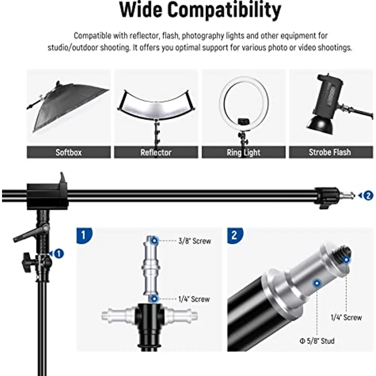 NEEWER Luftgepolstertes Aluminium Lichtstativ, 3m verstellbares Fotostativ mit Galgenarm und Gegengewicht, max. Belastung 5kg – Bild 4
