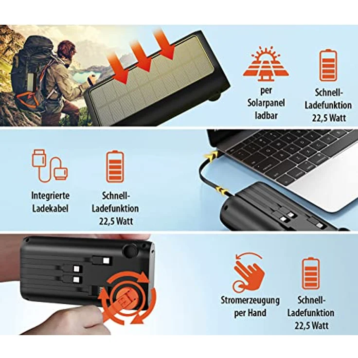 reVolt Solar Power Banks PB-200.k: Kurbel-Dynamo-Solar-Powerbank, 30.000 mAh, PD 20 W, Super Charge, LED (Kurbelakku, USB Kurbel Ladegerät, Handy Ladestation) – Bild 4