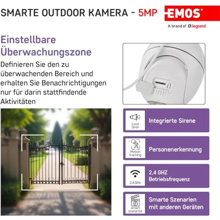 EMOS GoSmart Outdoor Überwachungskamera - 5MP WLAN IP Kamera - Bewegungserkennung, Sirene, Nachtsicht - TUYA, LIDL und Smart Life kompatibel - wasserdicht - weiß – Bild 3