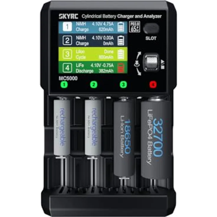 SKYRC MC5000 Rundzellen-Ladegerät, 4 Schächte, LiIon, LiFe, NiMH, Na-ion, 2,8-Zoll-Farbdisplay, Bluetooth, USB-C 65W, schwarz