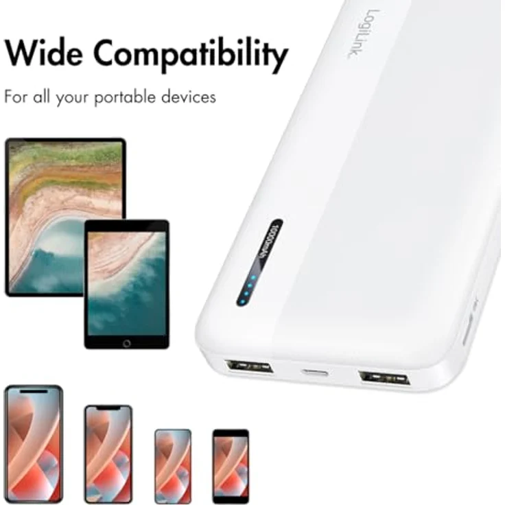LogiLink PA0338WRF - Powerbank 10.000 mAh, Schnellladenfunktion, 2x USB-A, 1x USB-C, kompakt, Weiß – Bild 5