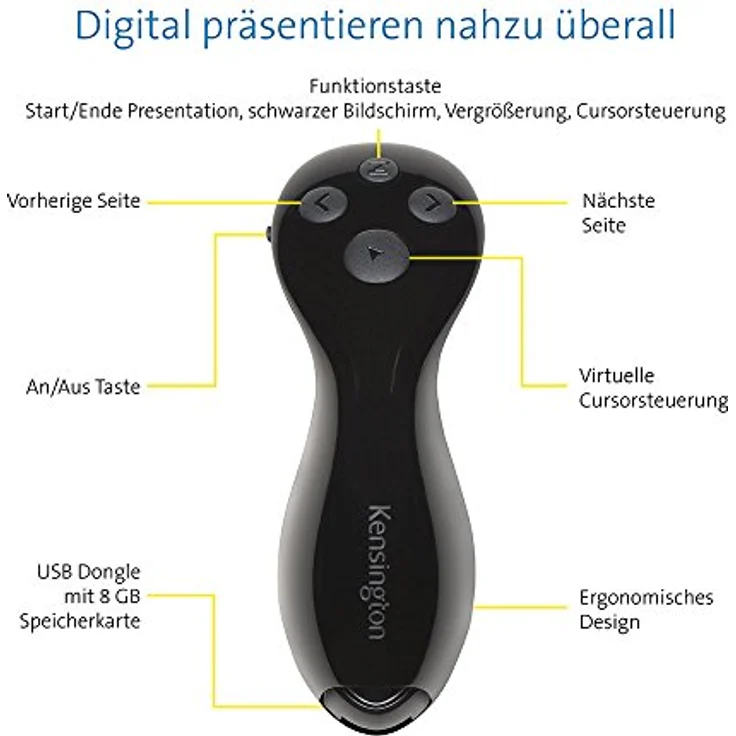Kensington Ultimate Presenter, m. virtuellem Pointer zur Sichtbarkeit auf TV-LED Bildschirmen, 20m Reichw., Inkl. 8 GB Micro SD Speicher, f. Window & macOS, ideal fürs Home Office, schwarz, K75233EU – Bild 2