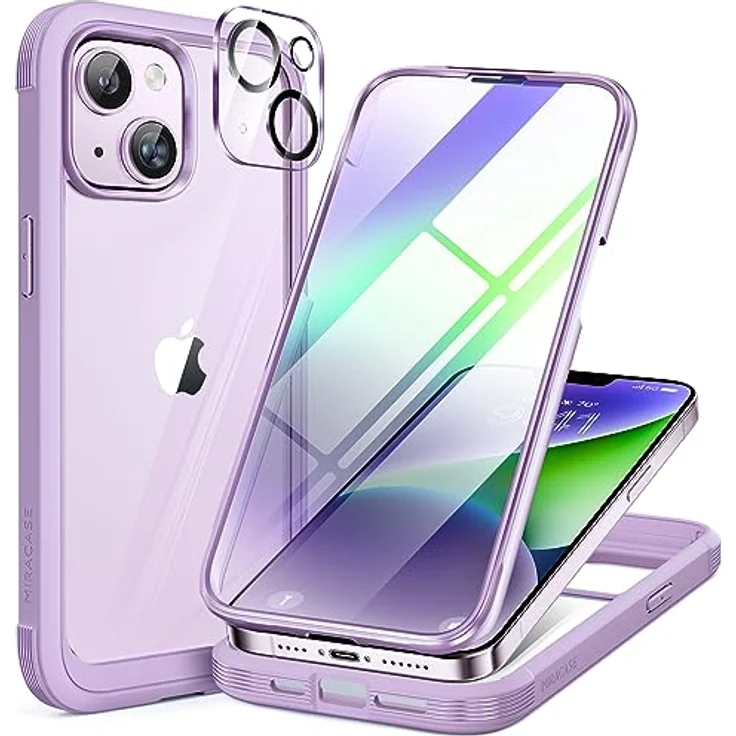 Miracase 360 Grad Hülle für iPhone 13/ iPhone 14 (6.1 Zoll), Stoßfeste Ganzkörper Schutzhülle mit eingebauter 9H-Glas Displayschutzfolie, Violett – Bild 1