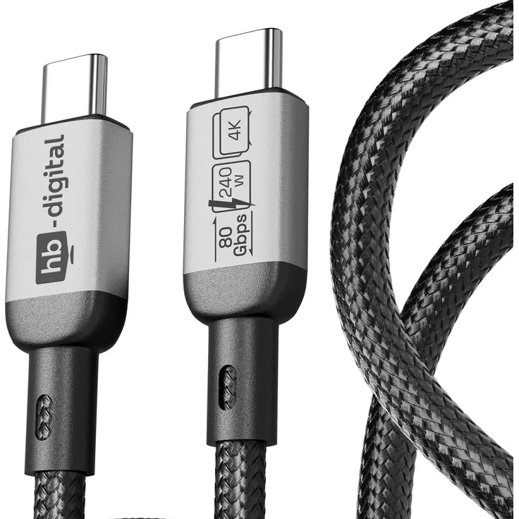 hb-digital USB-C auf USB-C Kabel 1m, 240W, 80Gbps USB-4, schwarz, hochleistungsfähig für Datenübertragung und Netzbetrieb