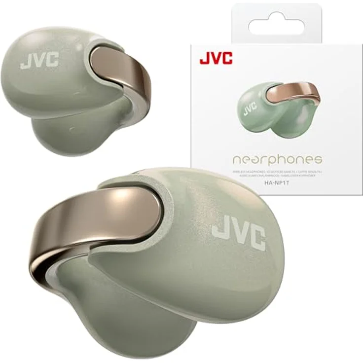 JVC Nearphones HA-NP1T-GN, kabellose In-Ear Ohrhörer im Earcuff-Design mit Bluetooth 5.3, IPX4 Spritzwasserschutz, 24 Stunden Wiedergabezeit, grün Perlmutt-Opt – Bild 8