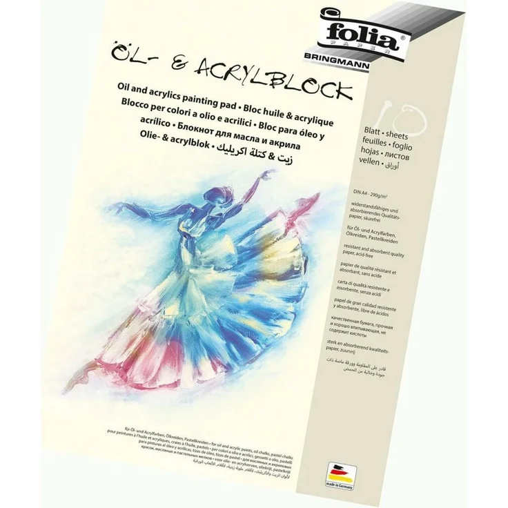 Folia Kopierpapier 10 Zeichenblock für Öl- und Acrylfarben DIN A4, strapazierfähig und saugfähig, 10 Blatt, 290 g/m², säurefrei