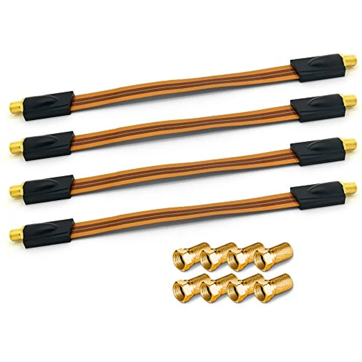 ARLI HD Fensterdurchführung Sat Kabel Flachkabel 4 x Ultra Slim vergoldet + 8 x F-Stecker Dichtring breiter Mutter Koaxialkabel extrem flach F Stecker Fenster Tür 4K TV 4 Stück, Gold