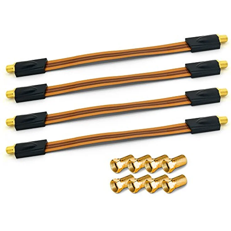 ARLI HD Fensterdurchführung Sat Kabel Flachkabel 4 x Ultra Slim vergoldet + 8 x F-Stecker Dichtring breiter Mutter Koaxialkabel extrem flach F Stecker Fenster Tür 4K TV 4 Stück, Gold – Bild 1