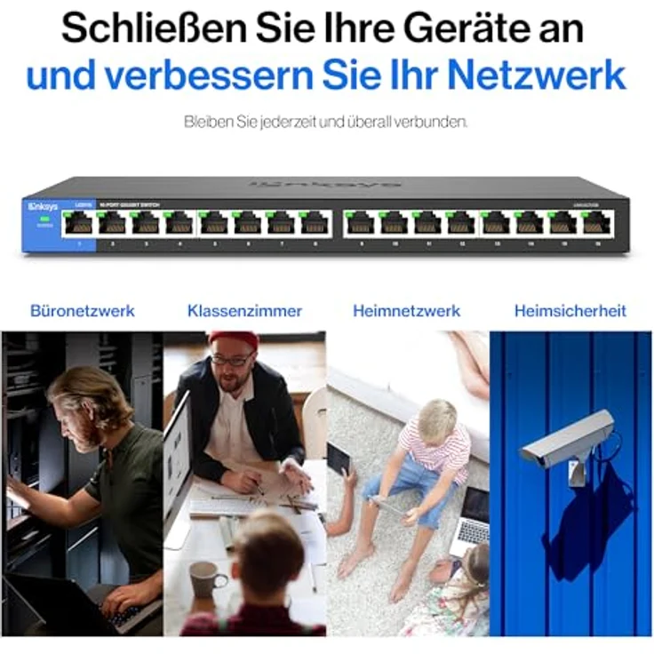 Linksys LGS116-EU 16-Port Unmanaged Gigabit Netzwerk Switch (Lüfterlos, Auto Sensing, Energiesparfunktion) schwarz – Bild 10
