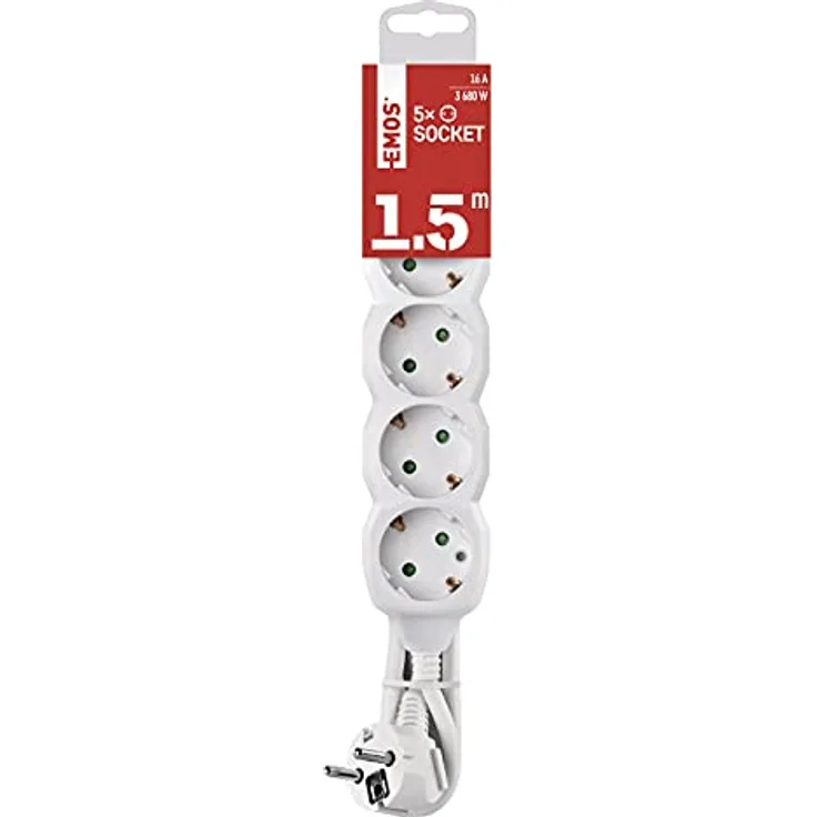 EMOS P0521R Steckdosenleiste 5-Fach, 1,5 m Kabel, Steckdosen 45° gedreht, 5-er Schuko Mehrfachsteckdose mit Kindersicherung, IP20 für Innenbereich, 3680 W, 250 V