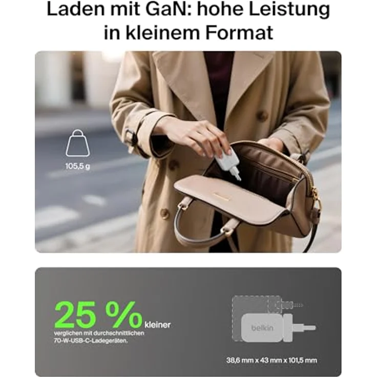 Belkin Boostcharge 70 W USB-C Ladegerät, 2x USB-C und 1x USB-A, effizientes Schnellladen, weiss – Bild 3