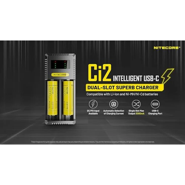 NiteCore CI2 Rundzellen-Ladegerät für LiIon, NiMH, NiCd, 2 Ladeschächte, mit Display, USB-Anschluss, max. Ladestrom 3000 mA, inkl. USB-C-Kabel – Bild 5