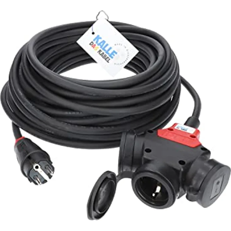 KALLE DAS KABEL Gummi Verlängerungskabel SCHUKO, 10 Meter mit 3-Fach Kupplung H07RN-F 3G 1,5mm², spritwassergeschützt IP44, für Industrie und Garten