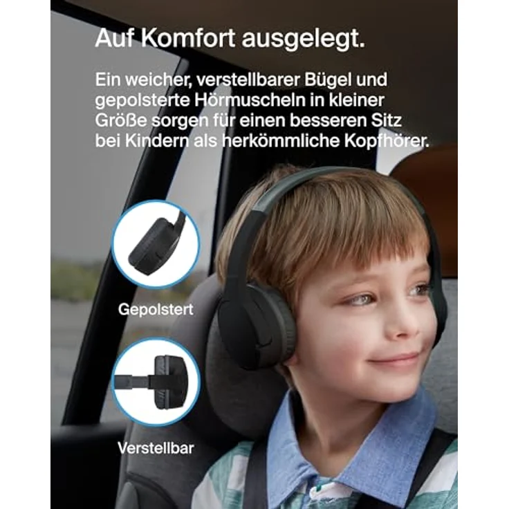 Belkin SoundForm Mini kabelloser Kinderkopfhörer mit integriertem Mikrofon und lustigen Aufklebern, 30 Std. Wiedergabe – Over-Ear-Kopfhörer für Unterricht, Ferien, iPhone, iPad, Galaxy – Schwarz – Bild 4