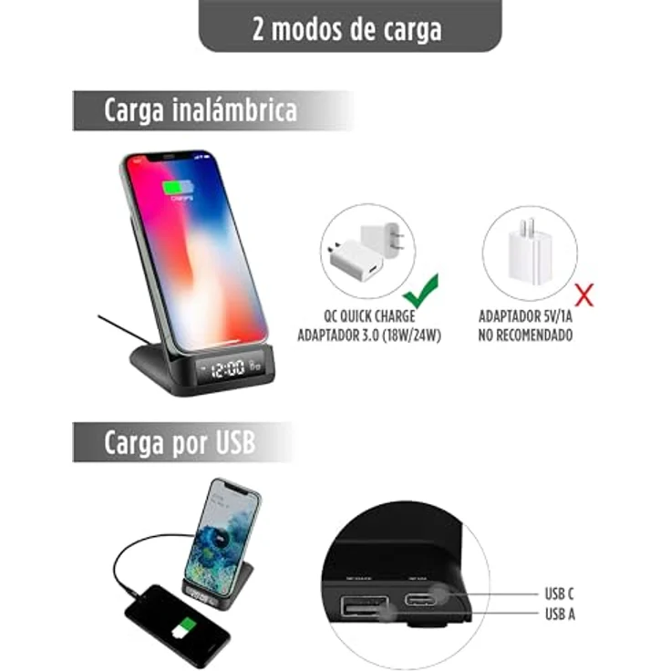 KSIX Qick Wireless Charger/Alarm Clock, 15 W, Schwarz, schnelles kabelloses Laden und praktische Weckfunktion – Bild 4