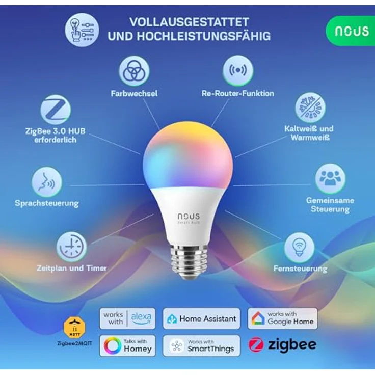 NOUS P3Z ZigBee Smart Glühbirne E27 LED, RGB-W, Kompatibel mit Alexa, Google Home, SmartThings, Fernbedienung, 1 Pack – Bild 2