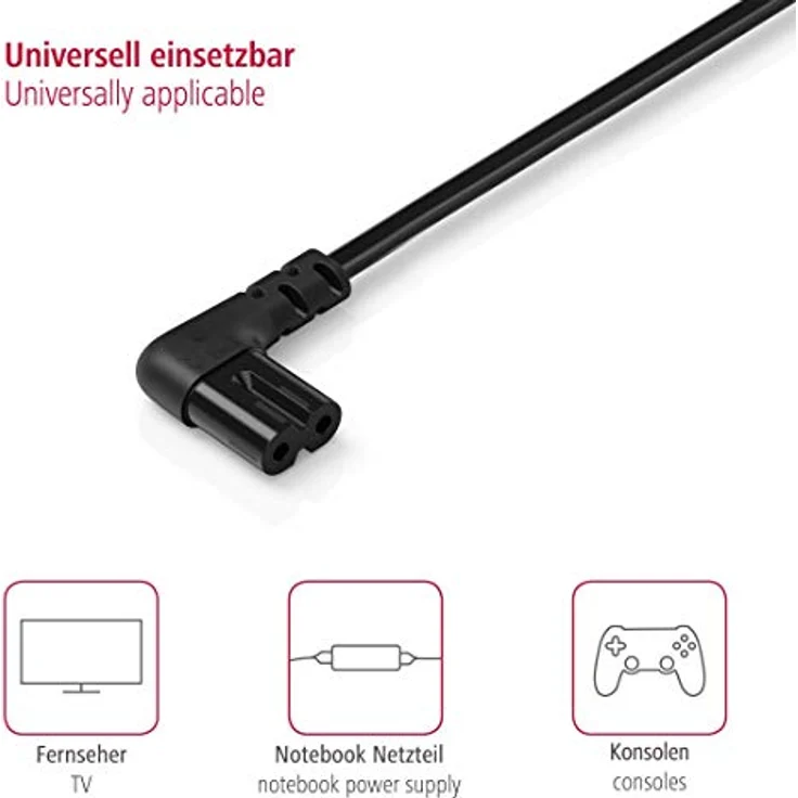 Hama Euro-Netzkabel (2-polig, 1,5 m, beidseitig 90 Grad gewinkelt, Netzstecker auf Euro 8 Doppelbuchse mit Schutzkontakt, Stromkabel) schwarz – Bild 4