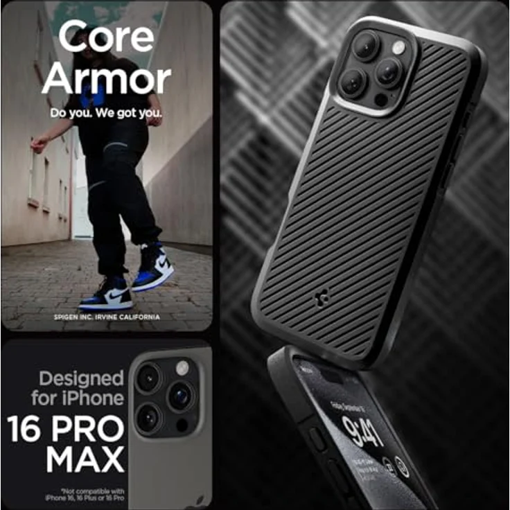 Spigen Core Armor Hülle für iPhone 16 Pro Max, Mattschwarze Schutzhülle mit integriertem Stand, Stoßfest, kabelloses Laden, TPU Material – Bild 2