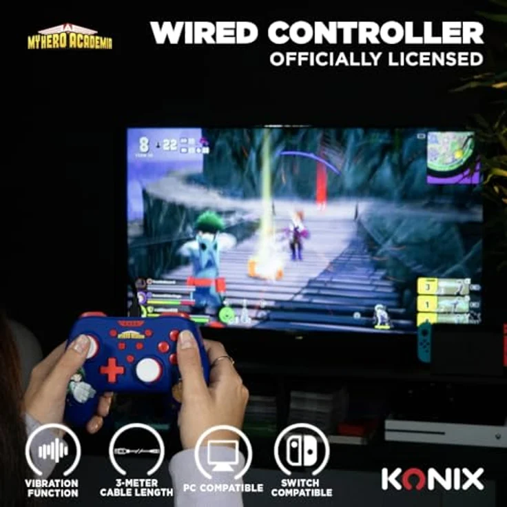 Konix My Hero Academia Wired Controller, Gamepad mit 3 m Kabel und Vibrationsfunktion für Nintendo Switch, Switch 2 und PC, Blau – Bild 2