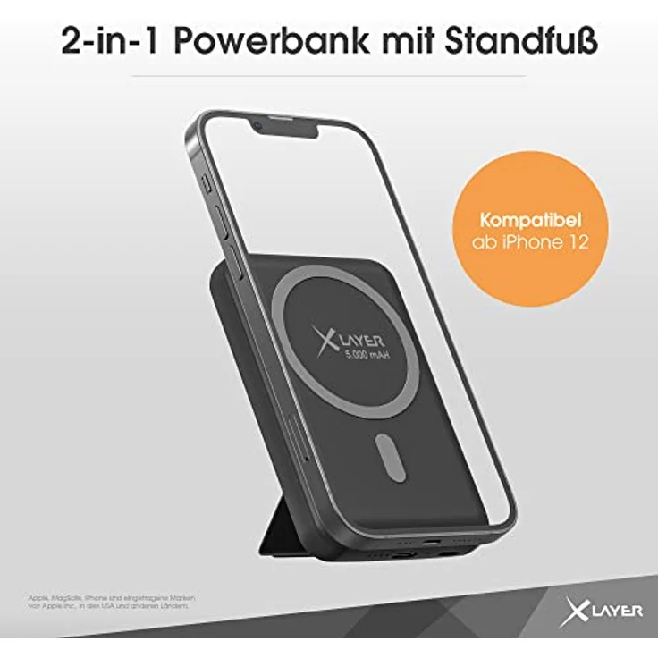 XLayer MagFix Pro 2-in-1 Magsafe Powerbank mit Standfuß 5.000 mAh Schwarz tragbarer Zusatzakku mit magnetischer Haltevorrichtung, kompatibel für iPhone 12/13/14 – Bild 3