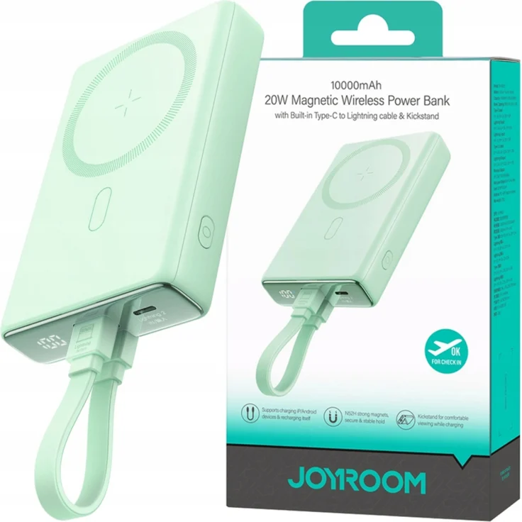 Joyroom JR-PBM01, Magnetische Powerbank 10000 mAh mit 20W Leistung und Lightning-USB-C Kabel, Grün