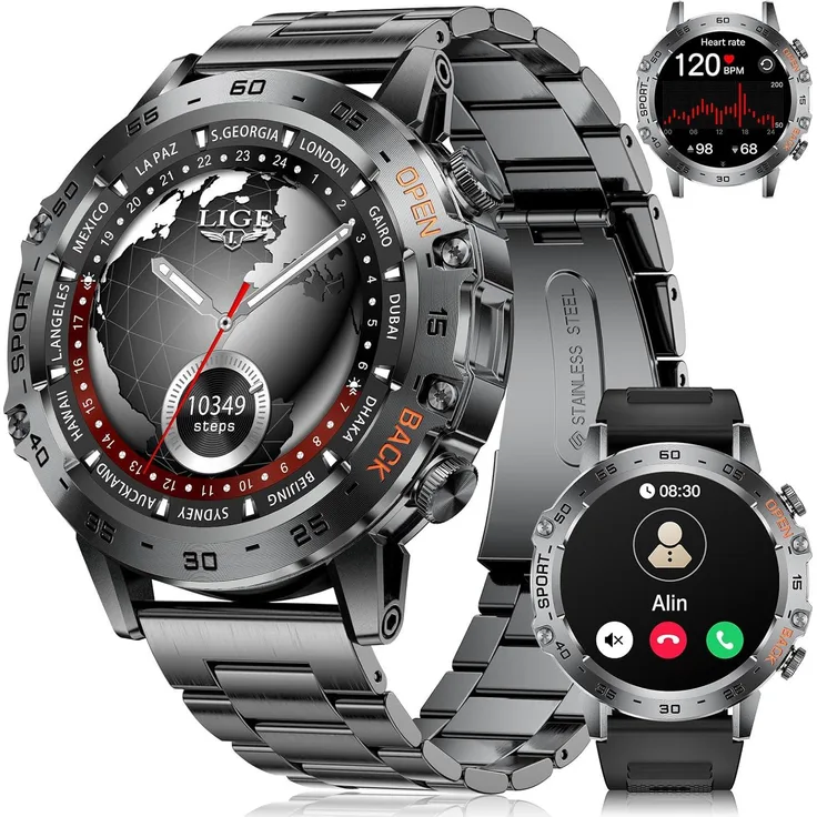 LIGE Smartwatch Herren, 1.45 AMOLED Display, Bluetooth, 170+ Sportmodi, Schlafmonitor, Herzfrequenz, IP68, Aluminiumgehäuse