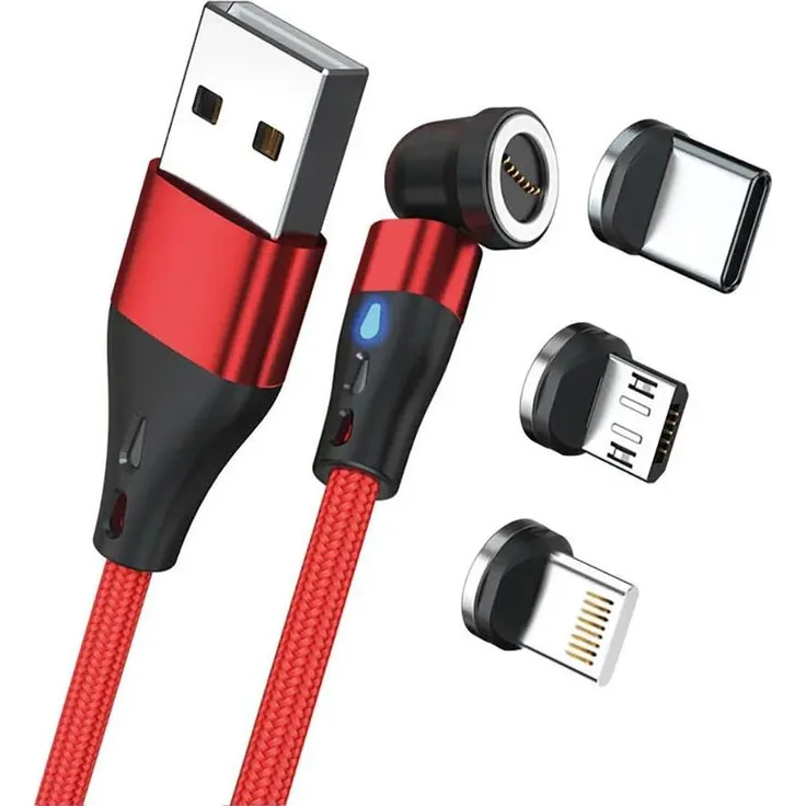 RealPower Magnetic Cable 3 Amp, 1m, rot mit Adaptern für schnelles Laden und Datentransfer