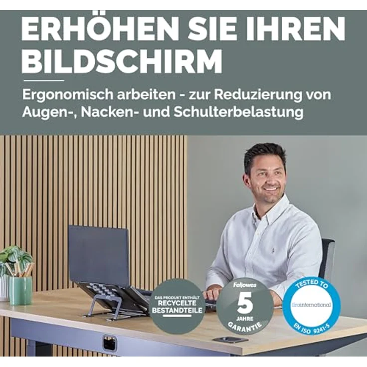 Fellowes Alumia™ Tragbarer Laptopständer, ergonomisch, höhen- & winkelverstellbar, faltbar, aus recyceltem Aluminium, schwarz, für Büro, Zuhause & Hybridarbeit – Bild 2