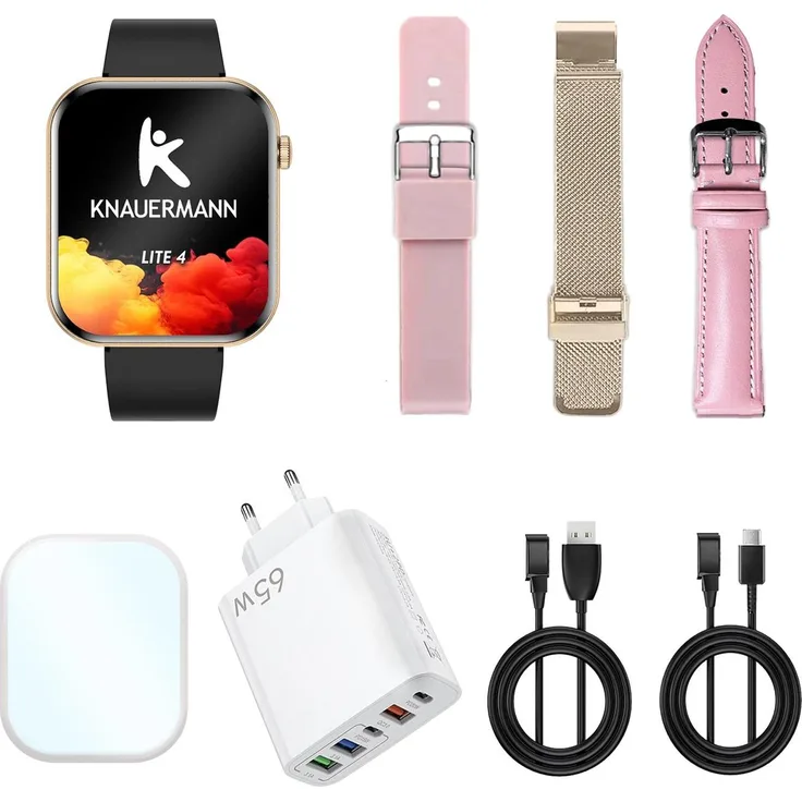 Knauermann Lite 4 (2026) Smartwatch mit GPS, Telefonfunktion, 1,85 Zoll AMOLED Display, in Schwarz/Silber/Gold