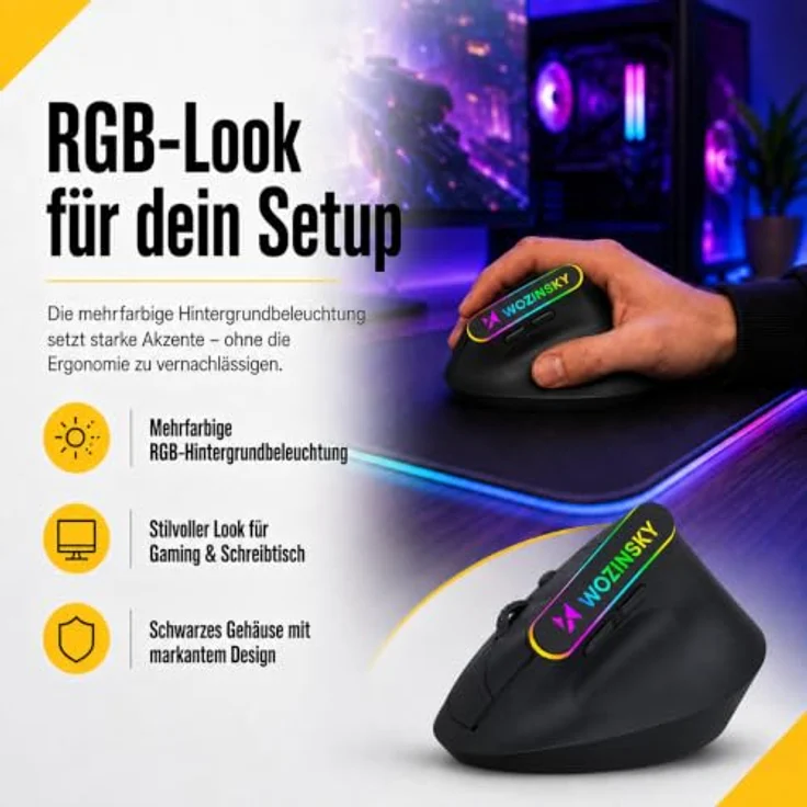 Wozinsky WMG-1164 Gaming-Maus, kabellos mit 2,4 GHz & Bluetooth 5.0, ergonomisches 57° Vertikaldesign, 3600 DPI, RGB-Beleuchtung, schwarz – Bild 4