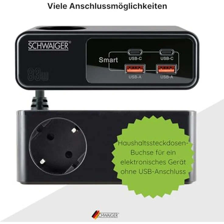 SCHWAIGER LADV4115 Steckdosenverlängerung 83W Verlängertes Ladegerät Ladestation Ladeadapter USB-C USB-A Schnellladegerät, Schwarz – Bild 5
